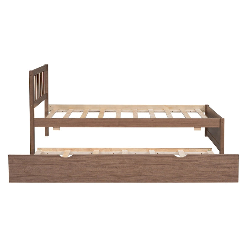 Walnut Twin Platform Bed with Roll-Out Trundle