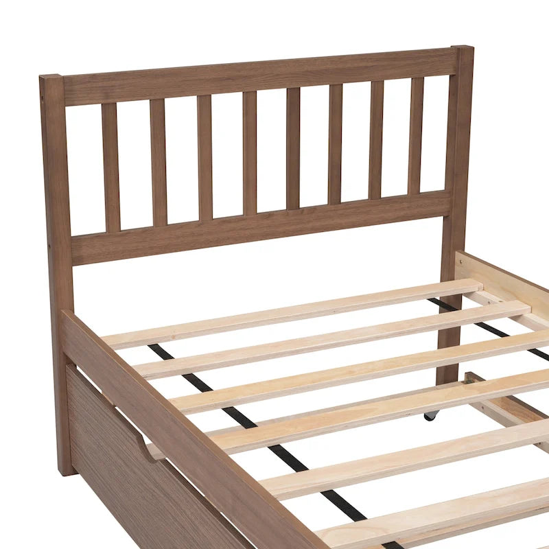 Walnut Twin Platform Bed with Roll-Out Trundle