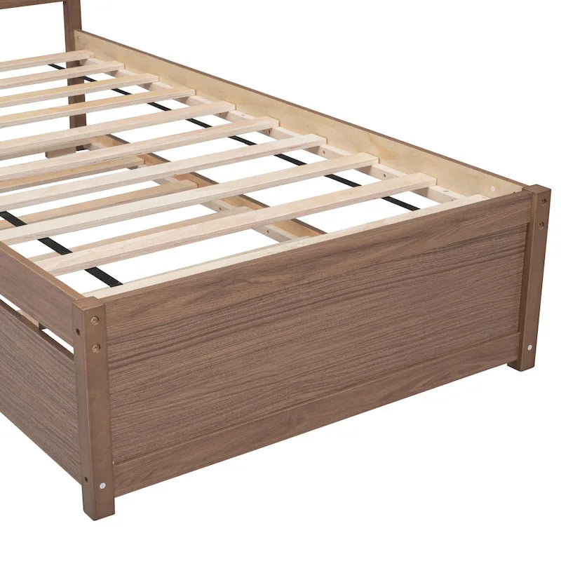 Walnut Twin Platform Bed with Roll-Out Trundle