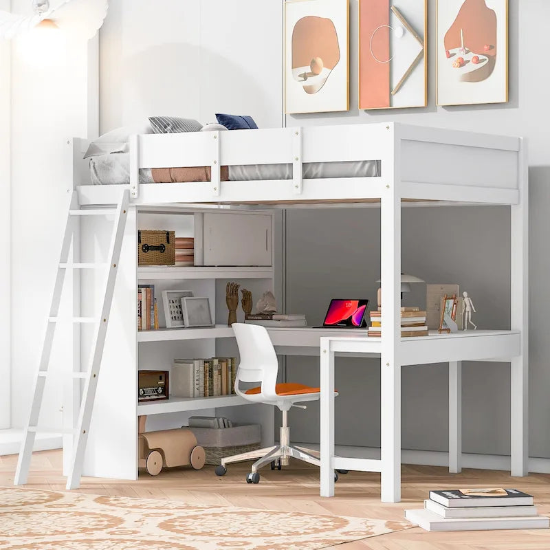 Full Size Wood Loft Bed with Desk and Storage Shelves