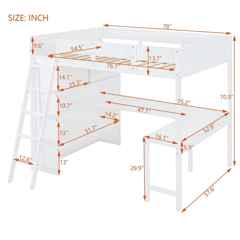 Full Size Wood Loft Bed with Desk and Storage Shelves
