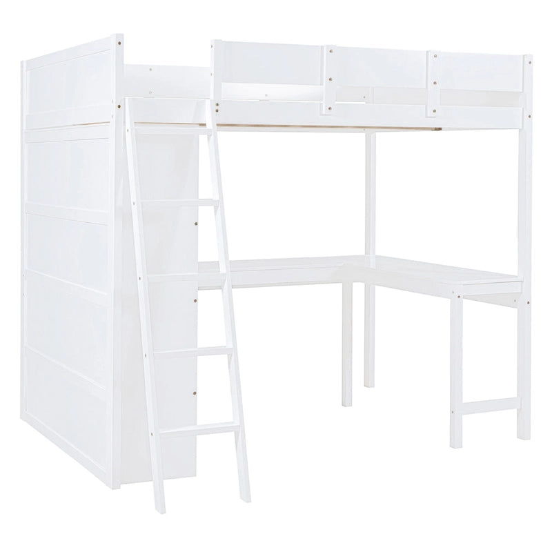 Full Size Wood Loft Bed with Desk and Storage Shelves