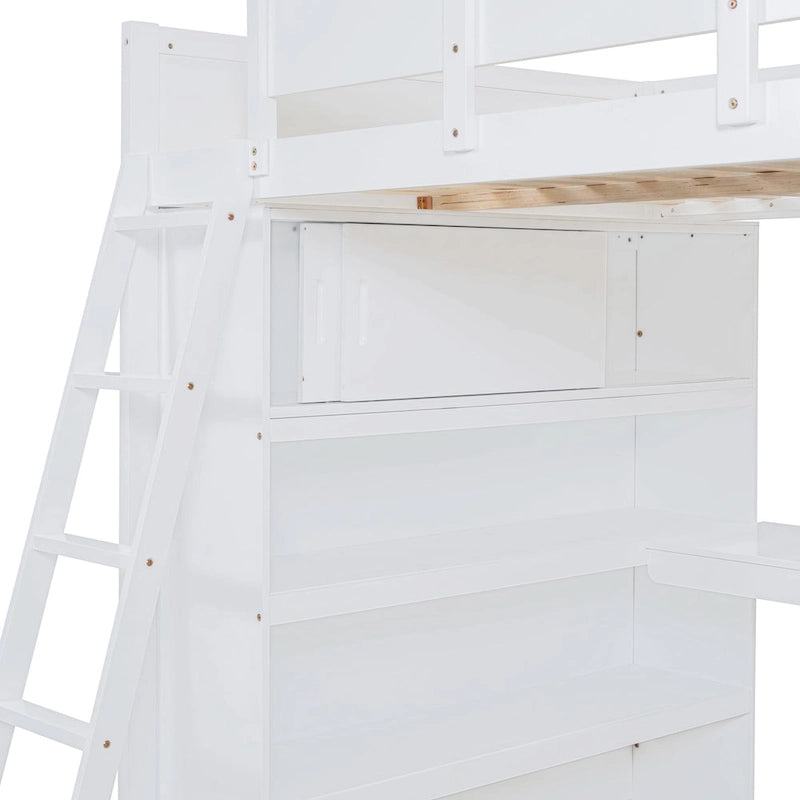 Full Size Wood Loft Bed with Desk and Storage Shelves