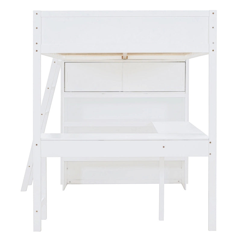 Full Size Wood Loft Bed with Desk and Storage Shelves