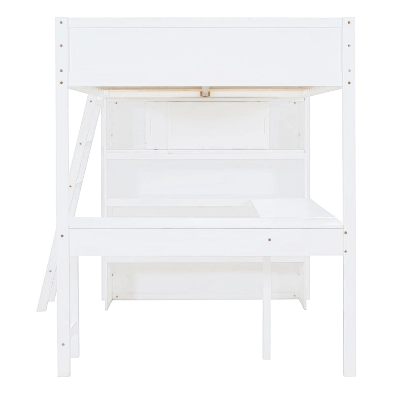 Full Size Wood Loft Bed with Desk and Storage Shelves