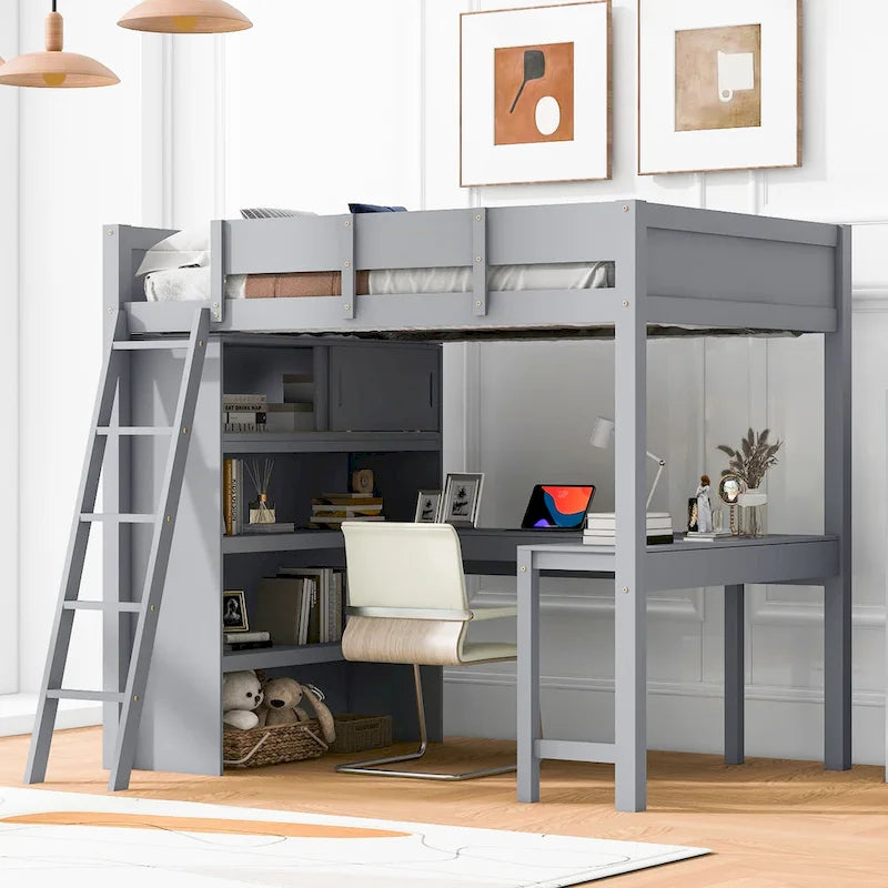 Full Size Wood Loft Bed with Desk and Storage Shelves