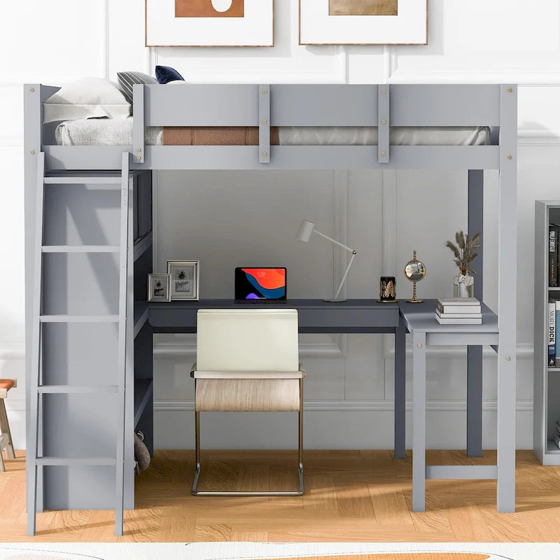 Full Size Wood Loft Bed with Desk and Storage Shelves