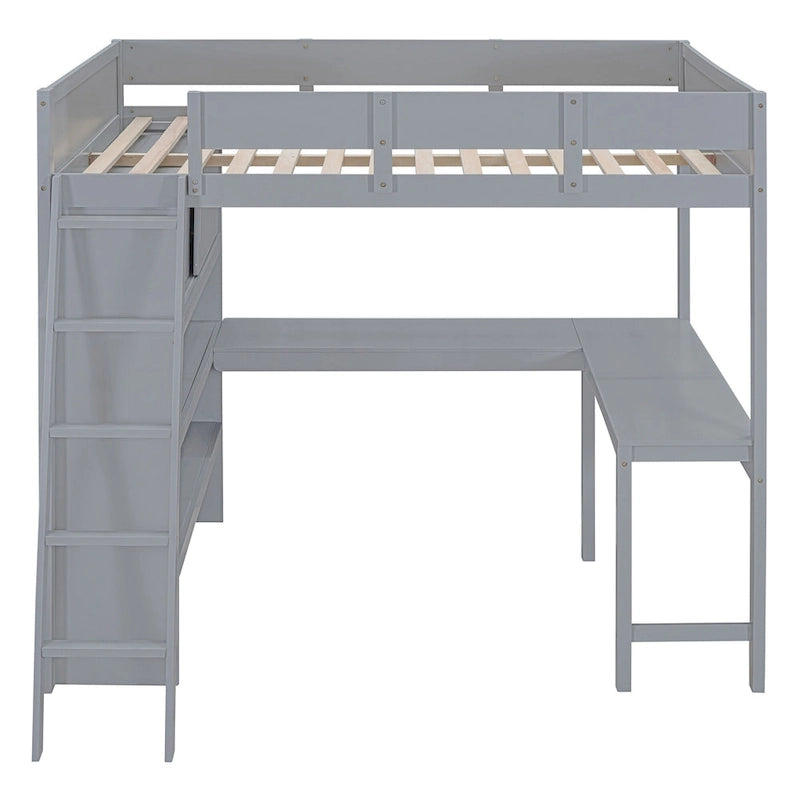 Full Size Wood Loft Bed with Desk and Storage Shelves