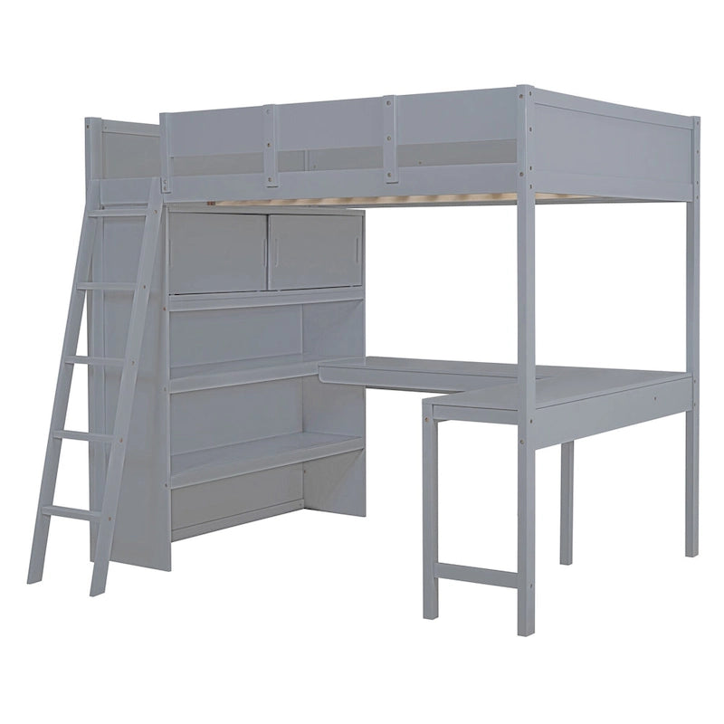Full Size Wood Loft Bed with Desk and Storage Shelves