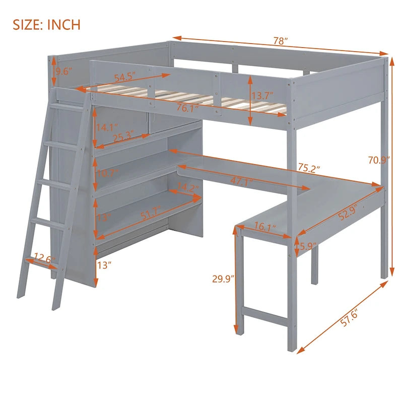 Full Size Wood Loft Bed with Desk and Storage Shelves