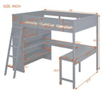 Hochbett aus Massivholz in voller Größe mit Schreibtisch und Ablageregalen