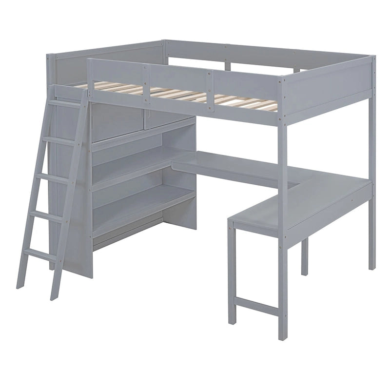 Full Size Wood Loft Bed with Desk and Storage Shelves
