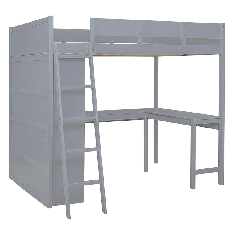 Full Size Wood Loft Bed with Desk and Storage Shelves