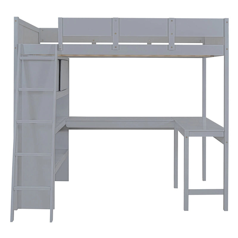 Full Size Wood Loft Bed with Desk and Storage Shelves