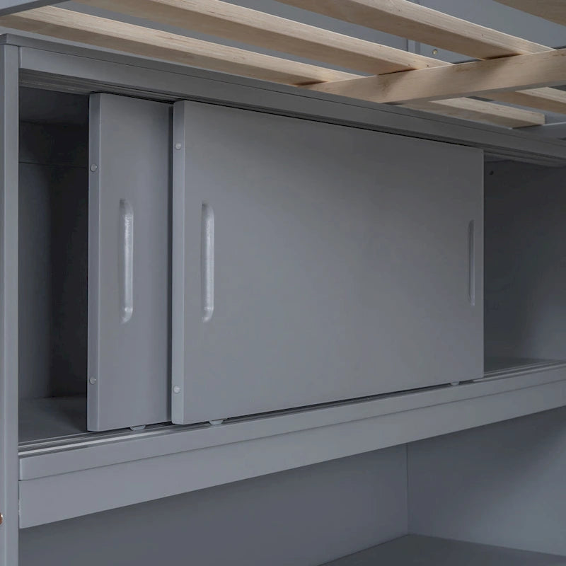 Full Size Wood Loft Bed with Desk and Storage Shelves