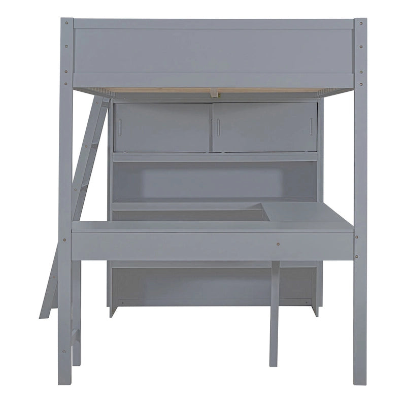 Full Size Wood Loft Bed with Desk and Storage Shelves