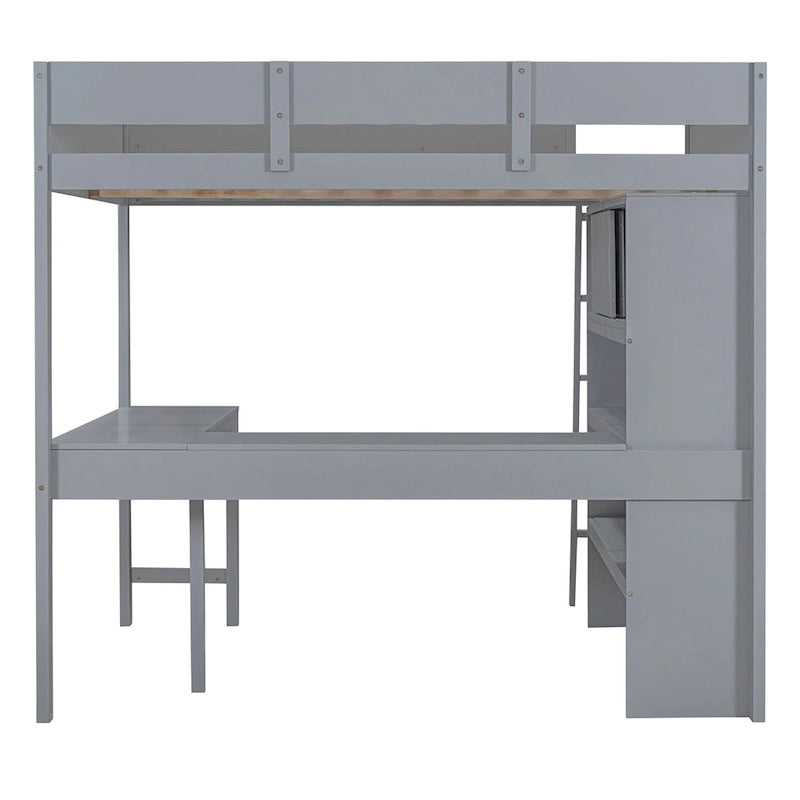 Full Size Wood Loft Bed with Desk and Storage Shelves