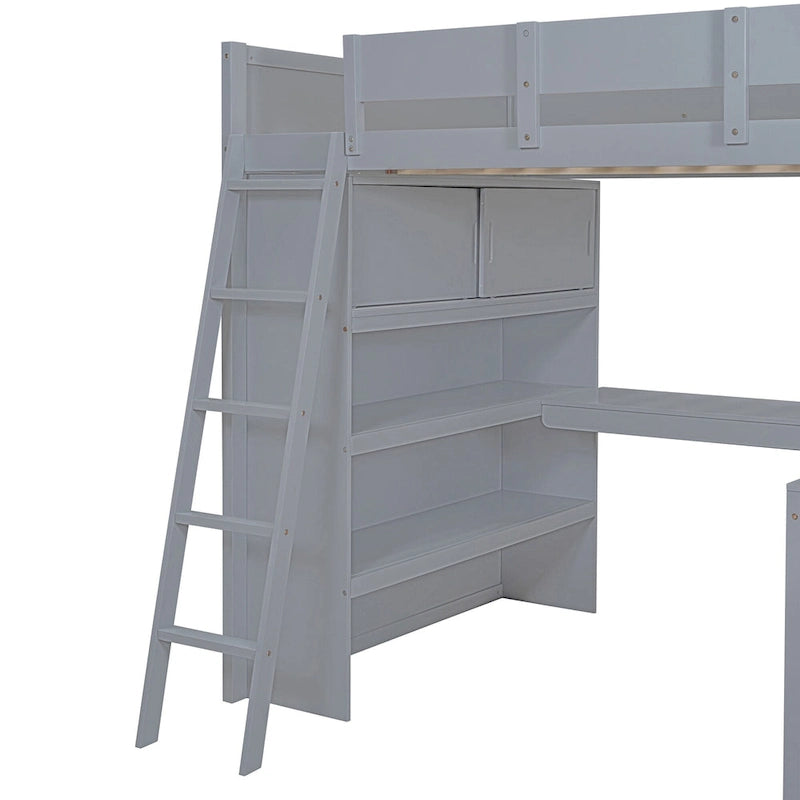 Full Size Wood Loft Bed with Desk and Storage Shelves