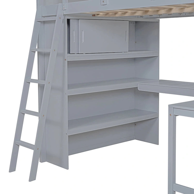 Full Size Wood Loft Bed with Desk and Storage Shelves