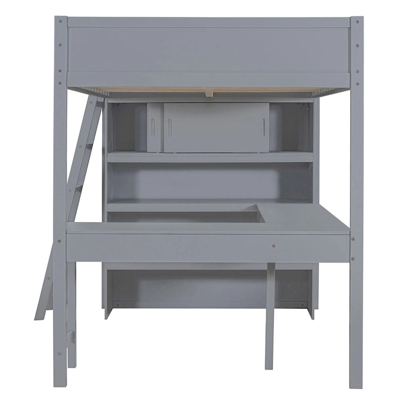 Full Size Wood Loft Bed with Desk and Storage Shelves