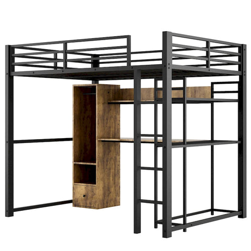 Black Full Size Metal Loft Bed with Built-in Wardrobe, Drawer, Desk, and Shelves