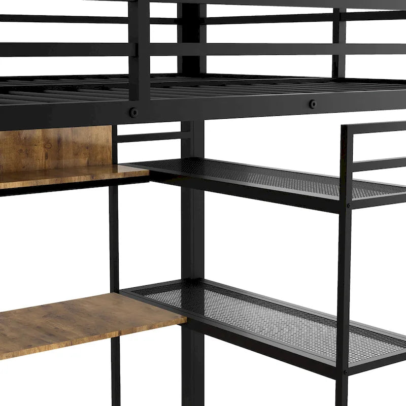 Black Full-Size Metal Loft Bed with Desk, Wardrobe and Storage