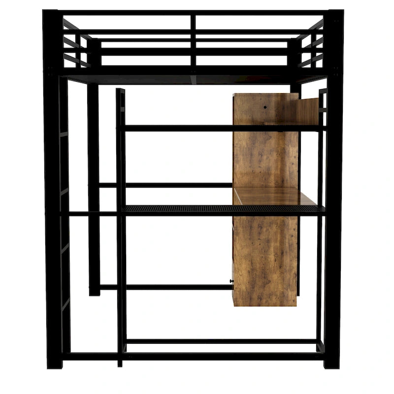 Black Full-Size Metal Loft Bed with Desk, Wardrobe and Storage