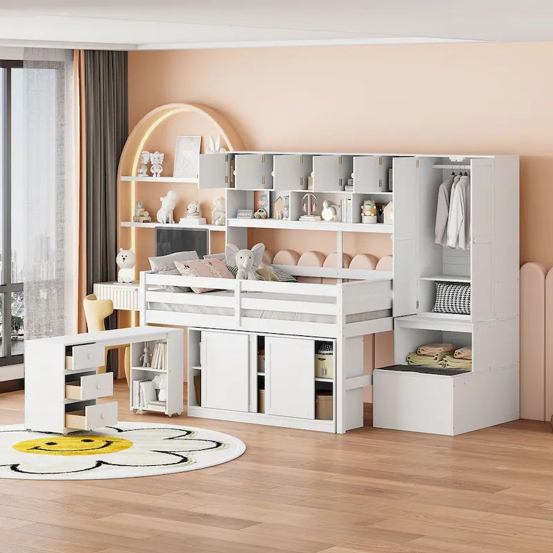 White Full-Size Loft Bed with Wardrobe, Rolling Desk and Storage