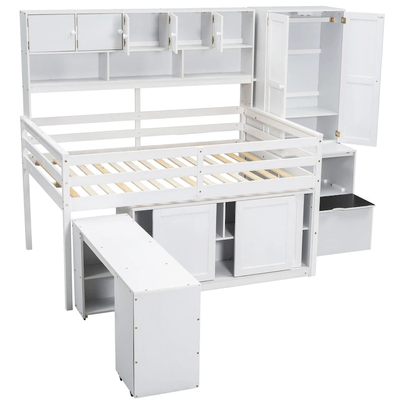 White Full-Size Loft Bed with Wardrobe, Rolling Desk and Storage