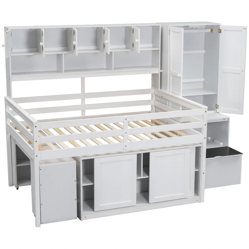 White Full-Size Loft Bed with Wardrobe, Rolling Desk and Storage