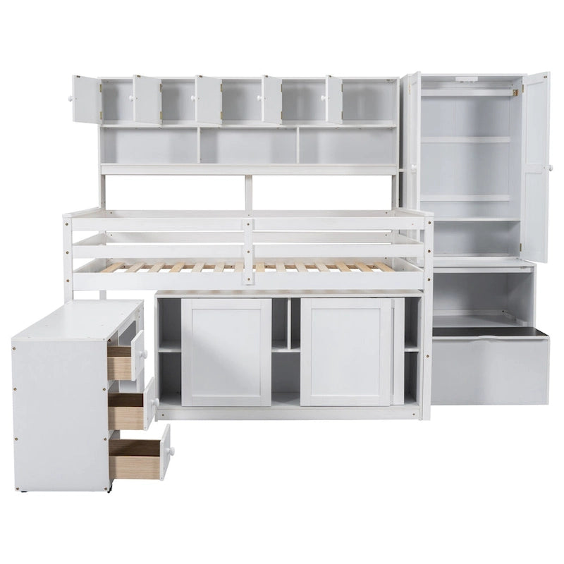 White Full-Size Loft Bed with Wardrobe, Rolling Desk and Storage