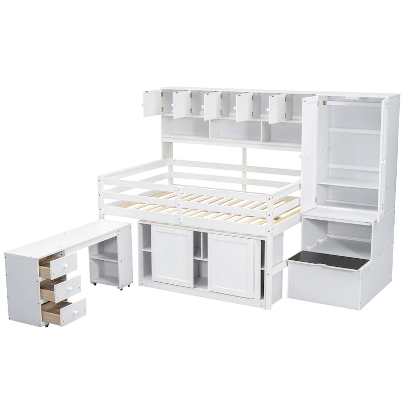 White Full-Size Loft Bed with Wardrobe, Rolling Desk and Storage