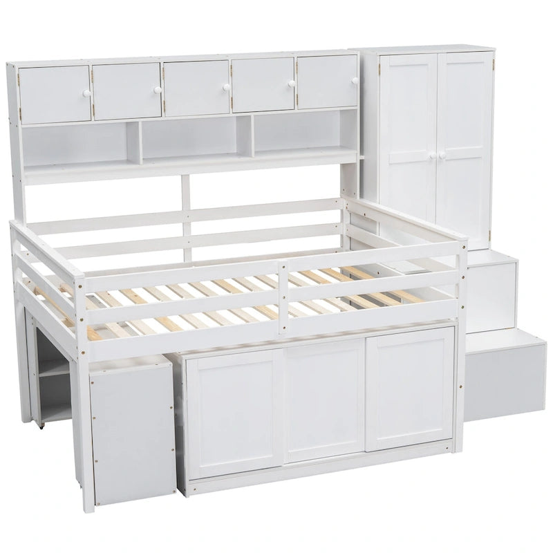 White Full-Size Loft Bed with Wardrobe, Rolling Desk and Storage