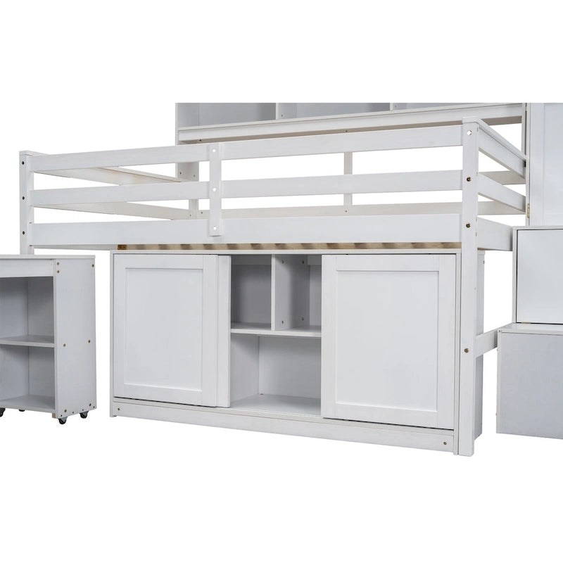 White Full-Size Loft Bed with Wardrobe, Rolling Desk and Storage