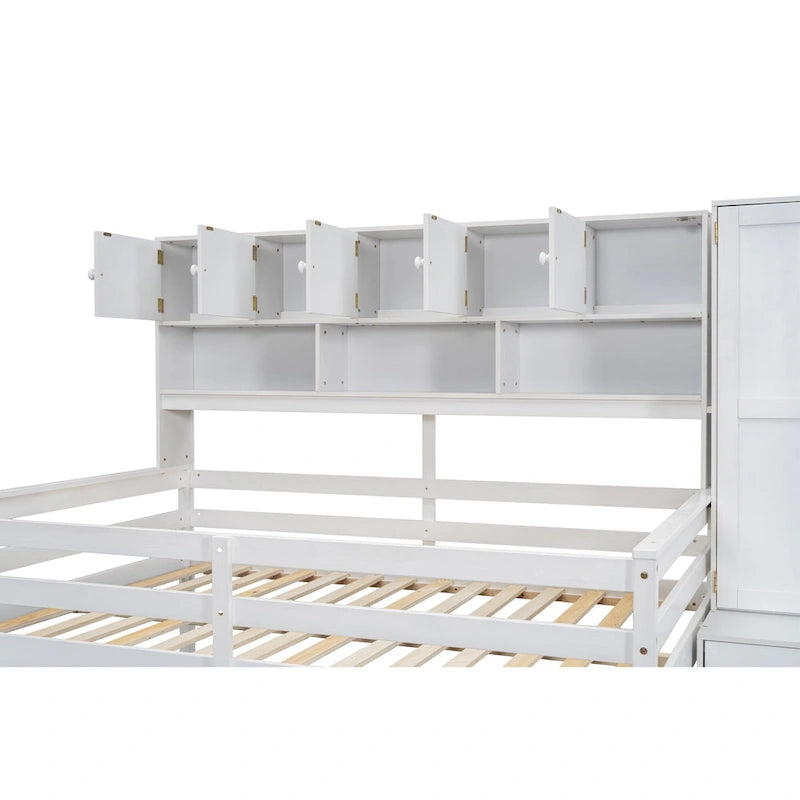 White Full-Size Loft Bed with Wardrobe, Rolling Desk and Storage