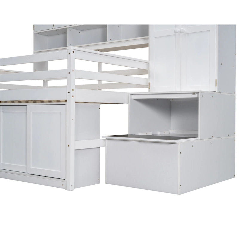 White Full-Size Loft Bed with Wardrobe, Rolling Desk and Storage