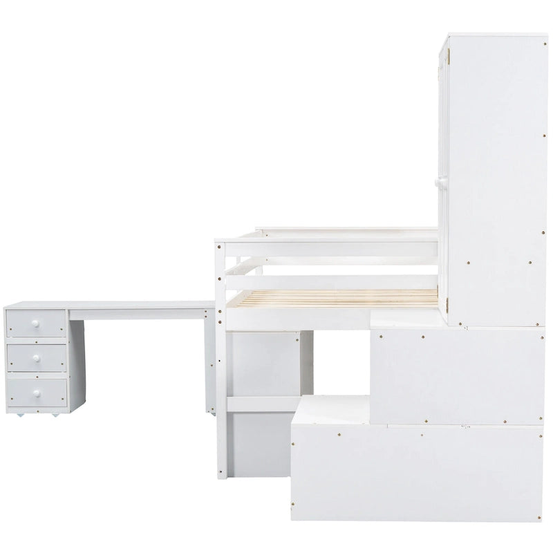 White Full-Size Loft Bed with Wardrobe, Rolling Desk and Storage