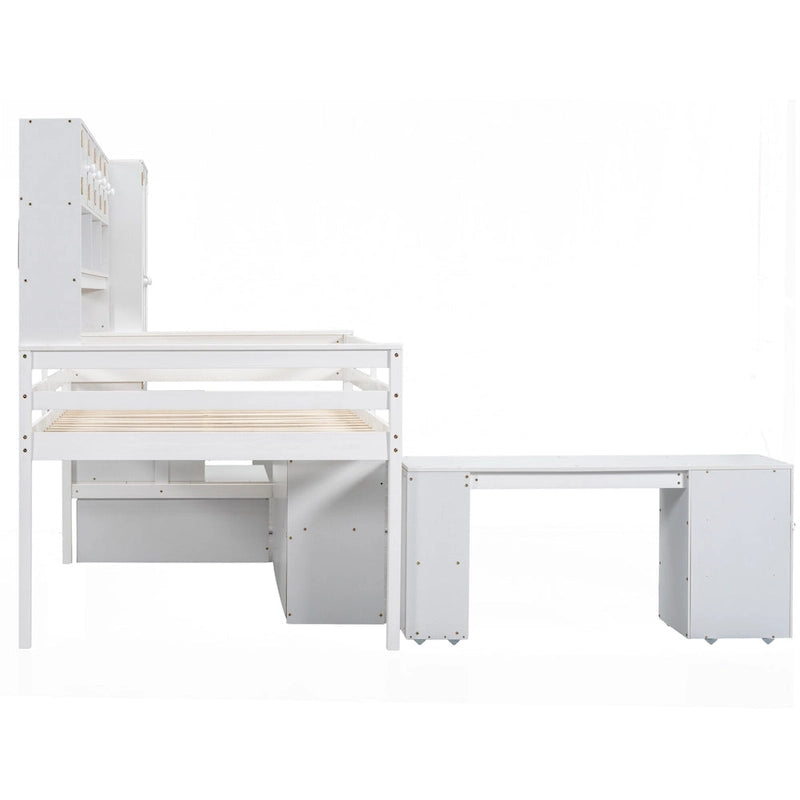 White Full-Size Loft Bed with Wardrobe, Rolling Desk and Storage