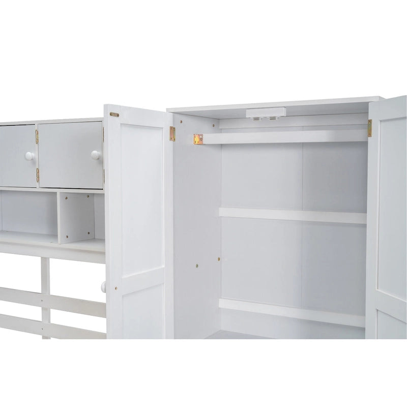 White Full-Size Loft Bed with Wardrobe, Rolling Desk and Storage