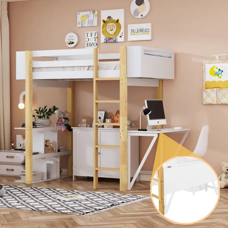 White Twin Loft Bed with Storage Cabinet and Foldable Desk