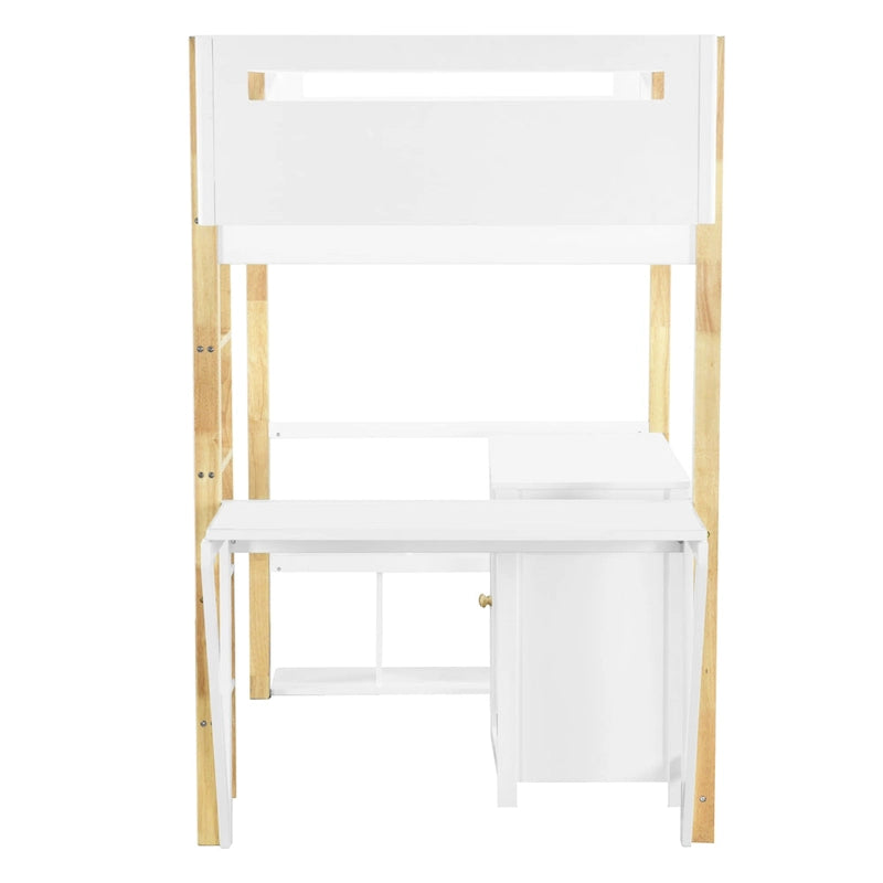 White Twin Loft Bed with Storage Cabinet and Foldable Desk