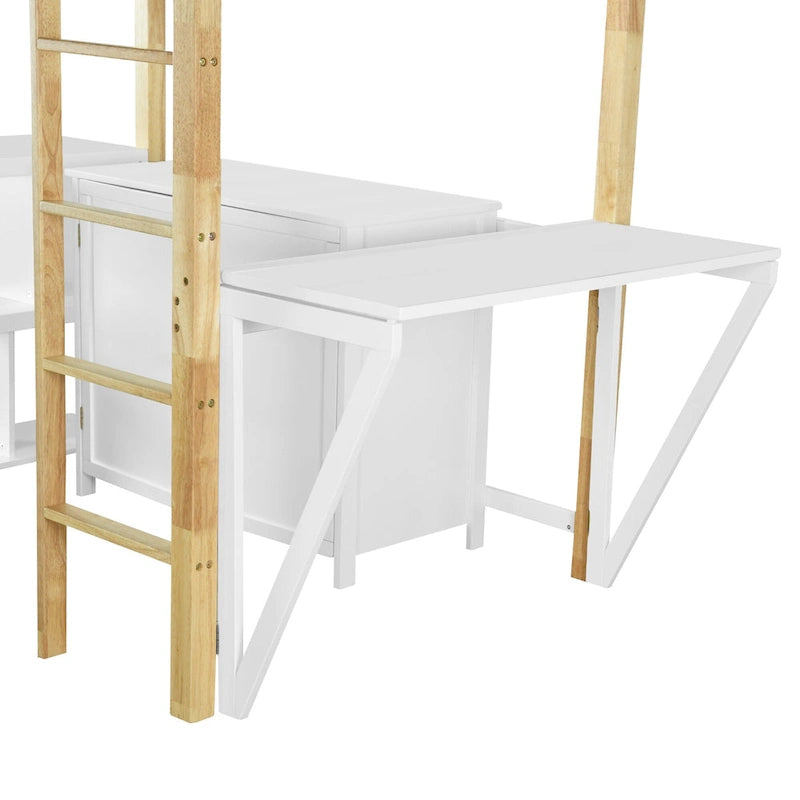 White Twin Loft Bed with Storage Cabinet and Foldable Desk