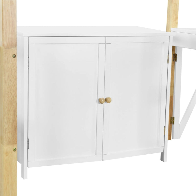White Twin Loft Bed with Storage Cabinet and Foldable Desk