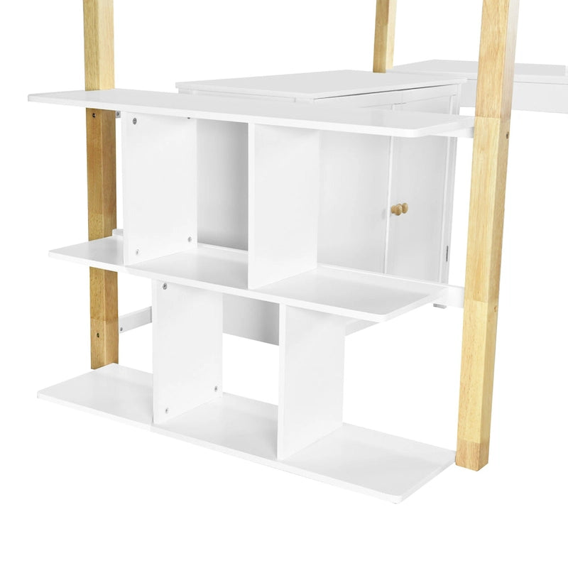 White Twin Loft Bed with Storage Cabinet and Foldable Desk