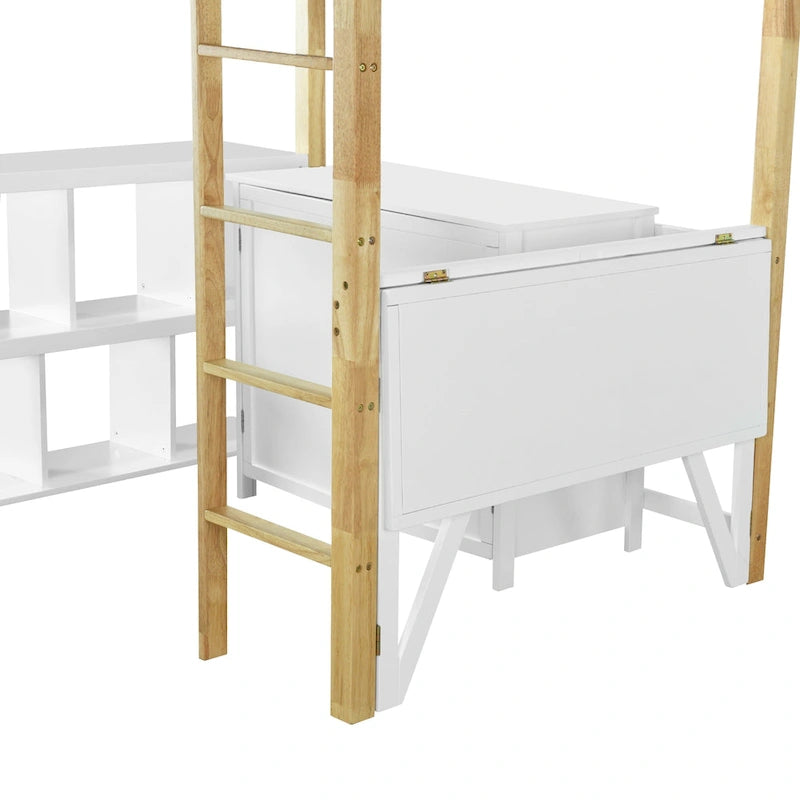 White Twin Loft Bed with Storage Cabinet and Foldable Desk