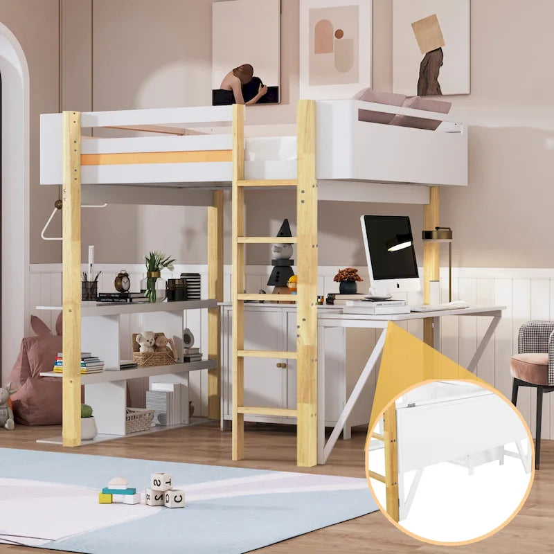 White Full-Size Wood Loft Bed with Storage and Foldable Desk