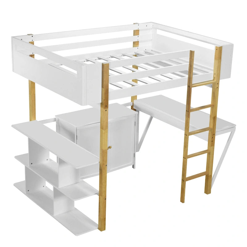 White Full-Size Wood Loft Bed with Storage and Foldable Desk