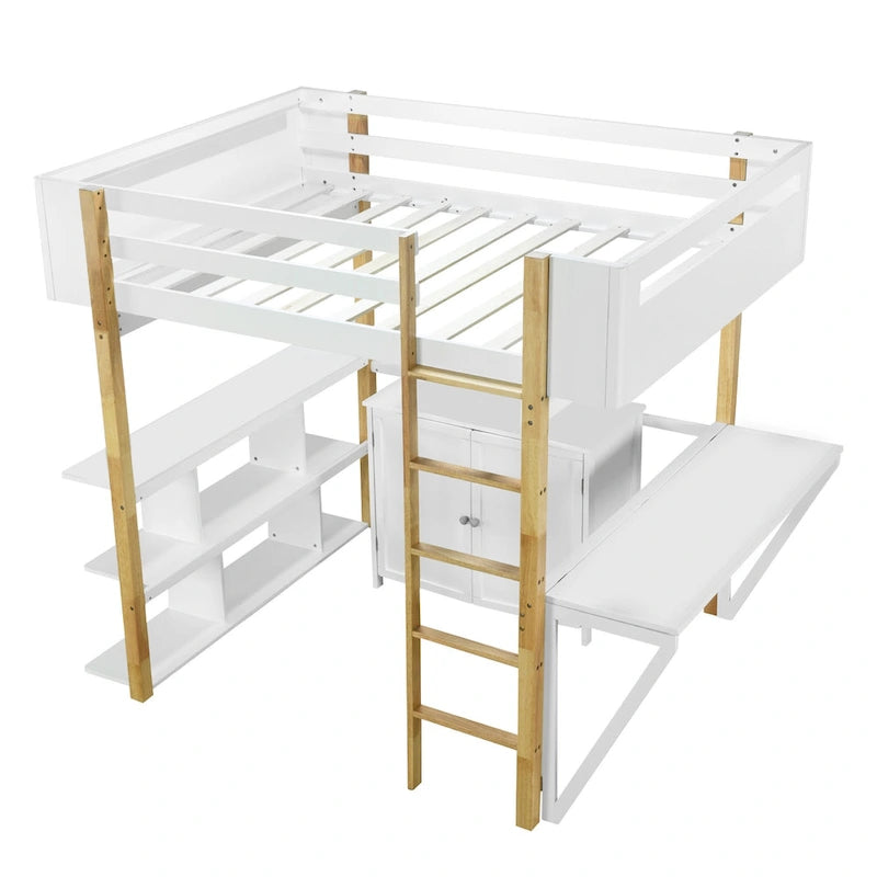 White Full-Size Wood Loft Bed with Storage and Foldable Desk