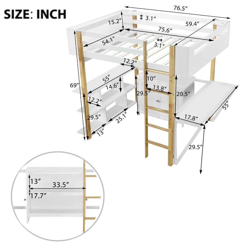 White Full-Size Wood Loft Bed with Storage and Foldable Desk