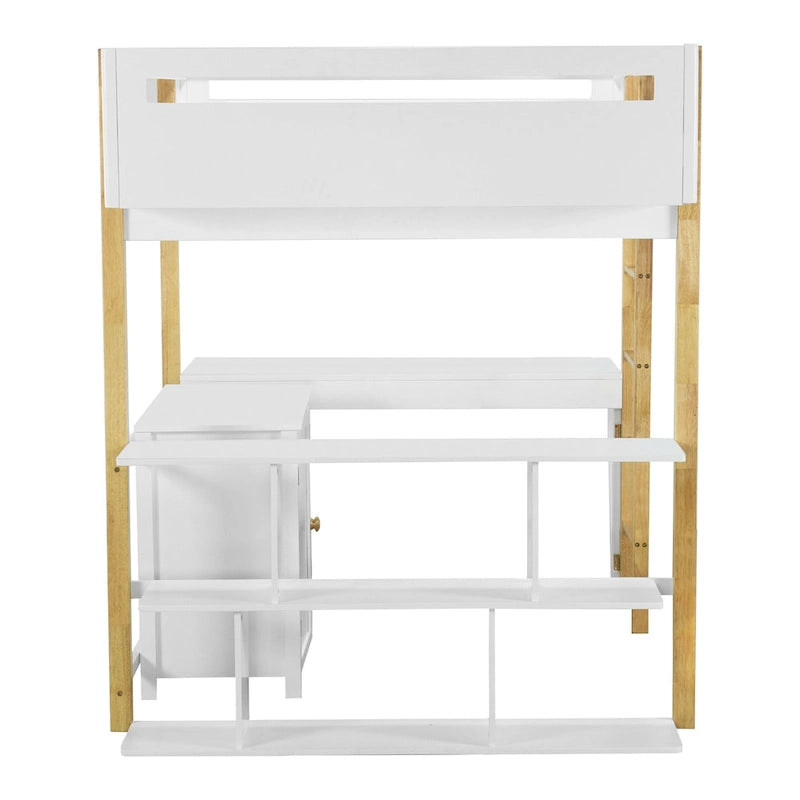 White Full-Size Wood Loft Bed with Storage and Foldable Desk